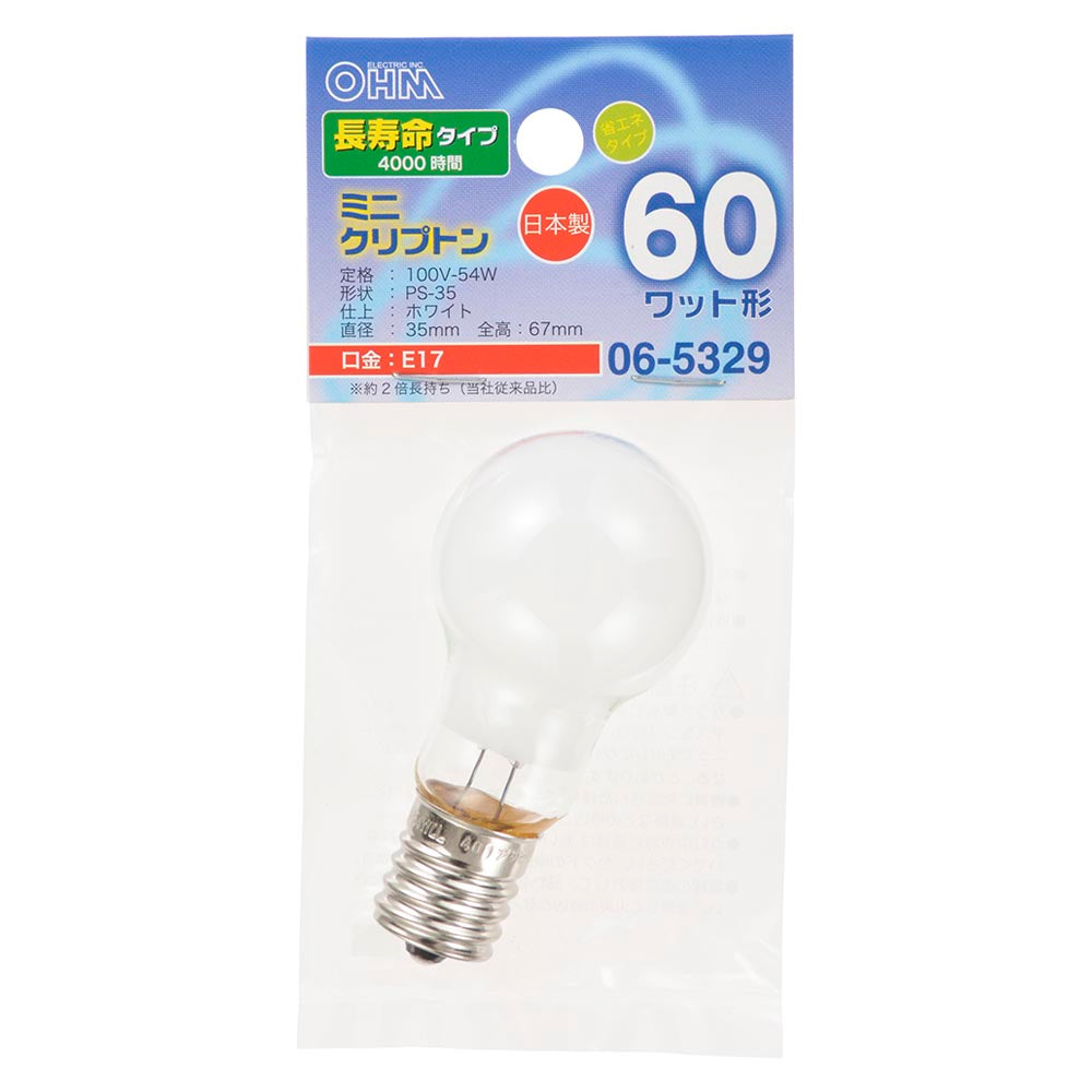 ミニクリプトン電球(E17/60W/ホワイト)_06-5329_LB-PS35E17100V54WWLL_OHM(オーム電機)